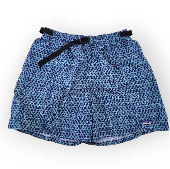 PATAGONIA Vintage River Shorts Swim Trunks with Belt Blue Abstract Print L